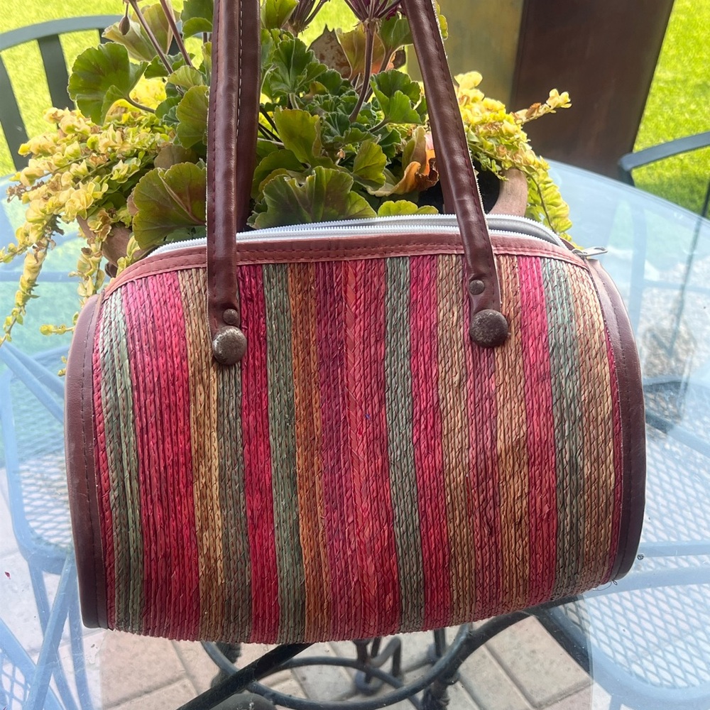 Striped Woven Barrel Satchel with Elegant Structure
